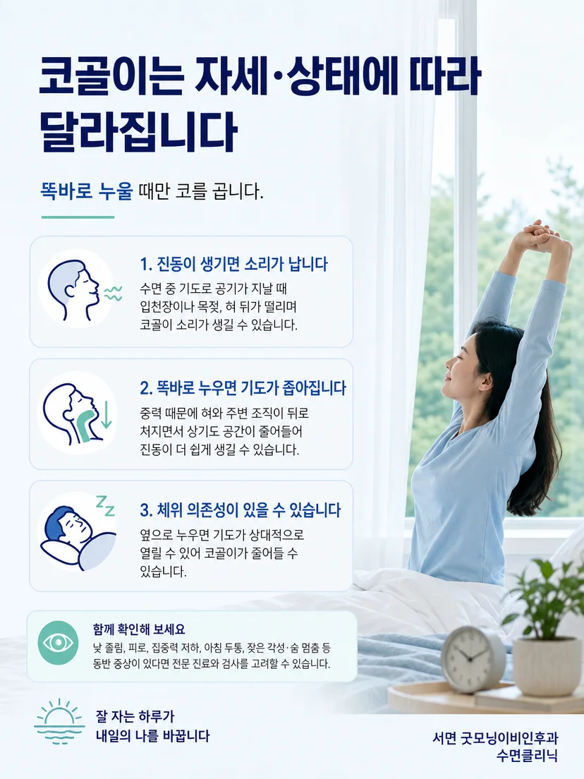 자세별 코골이와 숨 멈춤 및 낮 증상을 함께 기록하는 실천 요약 이미지