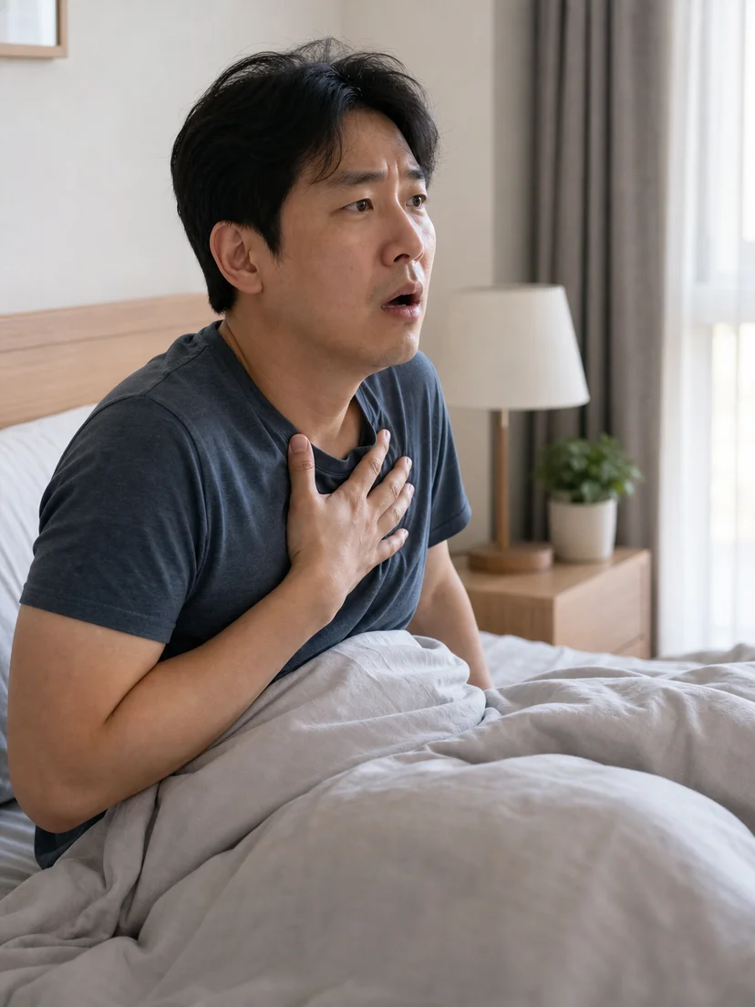 수면 중 질식감과 헐떡임이 반복되는 환자 상황을 보여주는 이미지