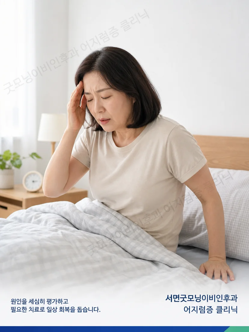 침대에서 돌아눕거나 일어날 때 어지럼을 느끼는 성인 환자 상황