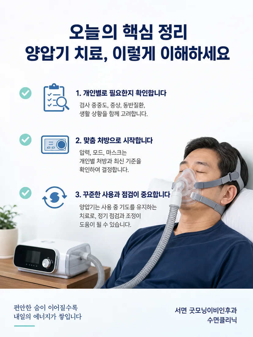 수면무호흡 양압기 처방과 사용 관리의 핵심 내용을 정리한 안내
