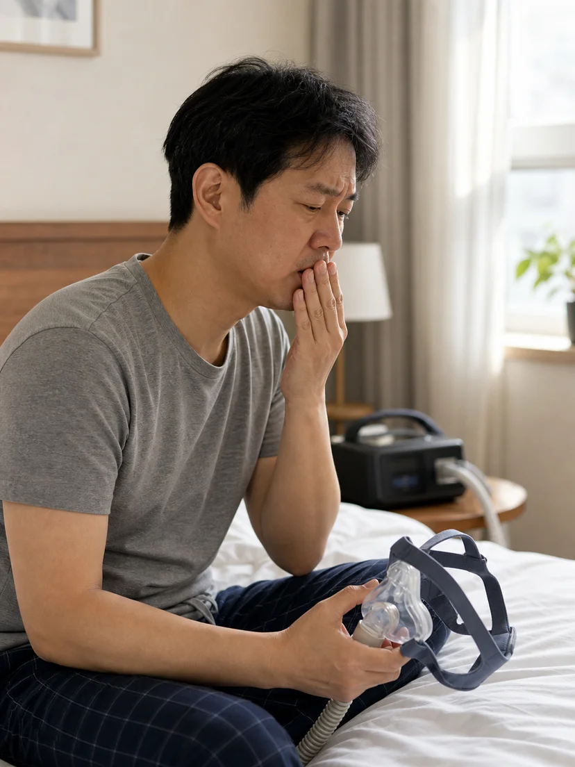 양압기 사용 후 아침에 코와 입의 건조감을 확인하는 상황