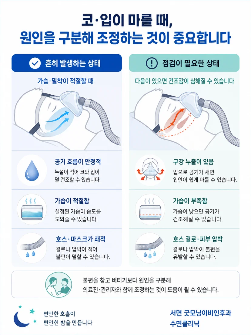 마스크 누출과 호스 결로 및 피부 압박을 구분하는 안내