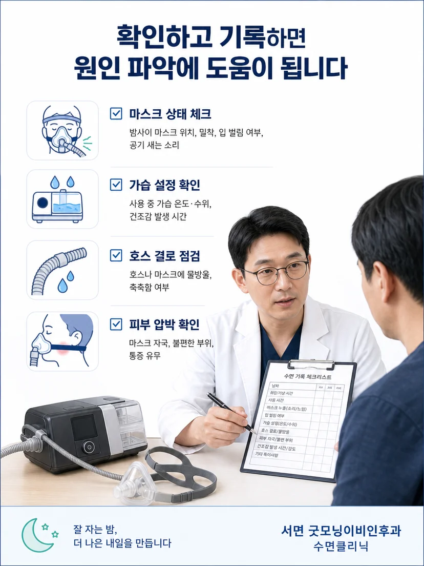 양압기 건조감 평가를 위해 마스크와 가습 상태를 확인하는 과정
