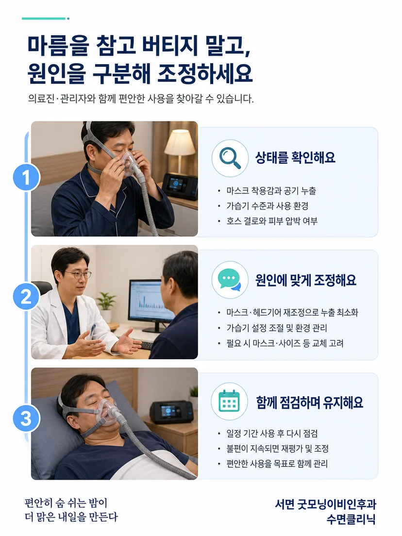 양압기 가습과 마스크 상태를 안전하게 점검하는 관리 과정