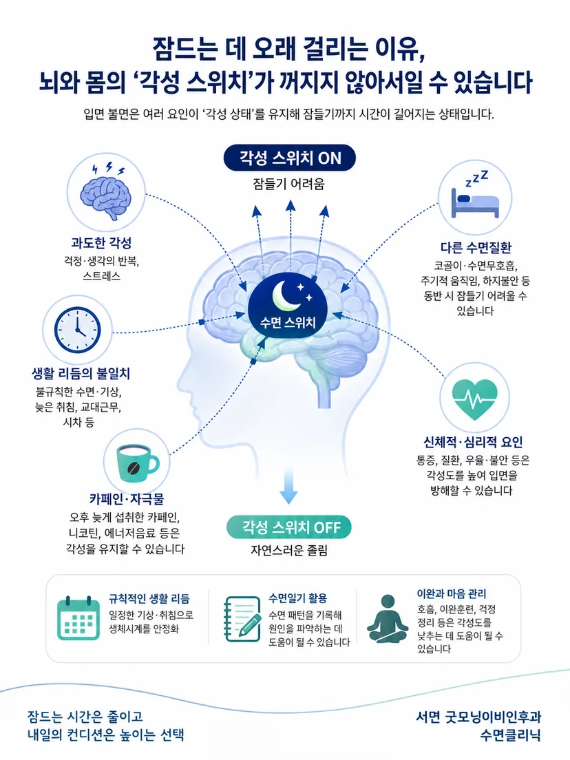 수면 욕구와 생체 리듬 및 각성의 균형으로 입면 불면을 설명하는 이미지