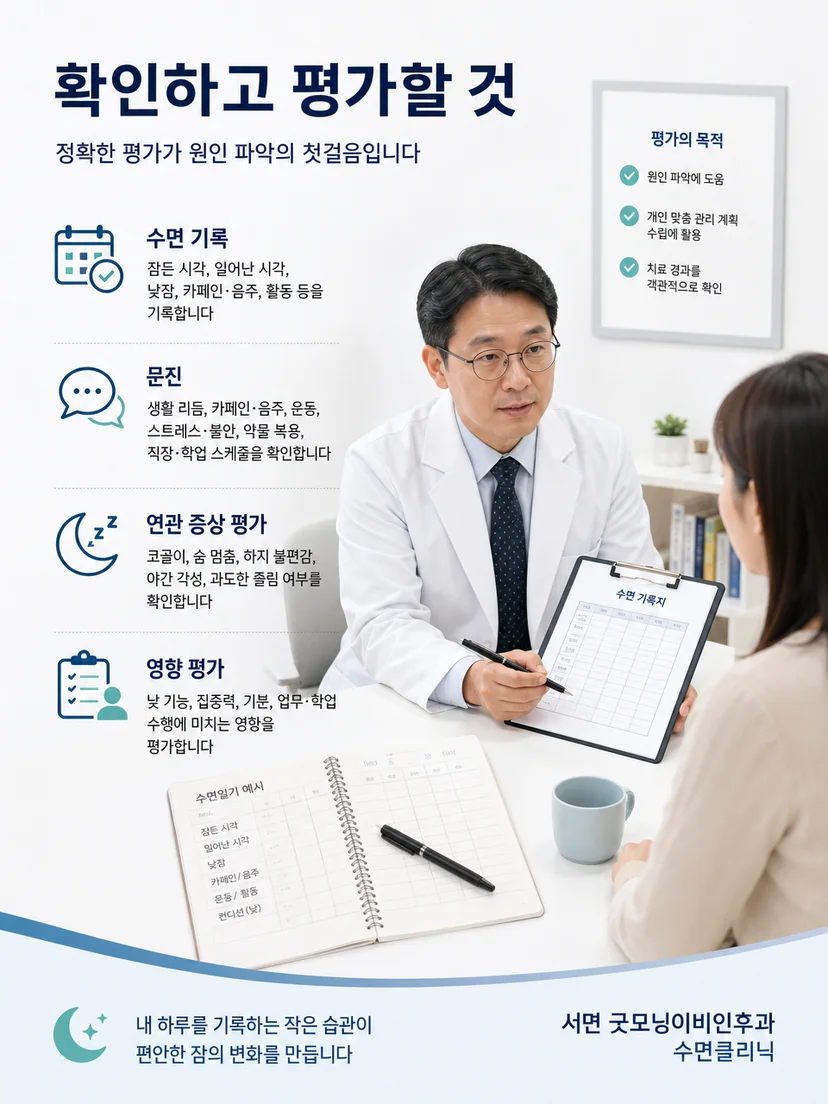 문진과 수면일기를 통해 입면 불면 원인을 평가하는 과정 이미지