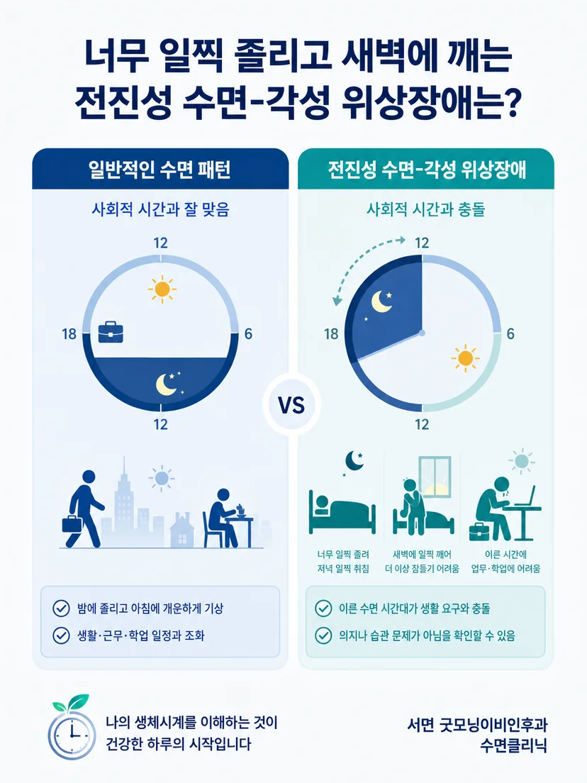 건강한 아침형 생활과 생활 지장을 동반한 전진성 수면 리듬의 구분