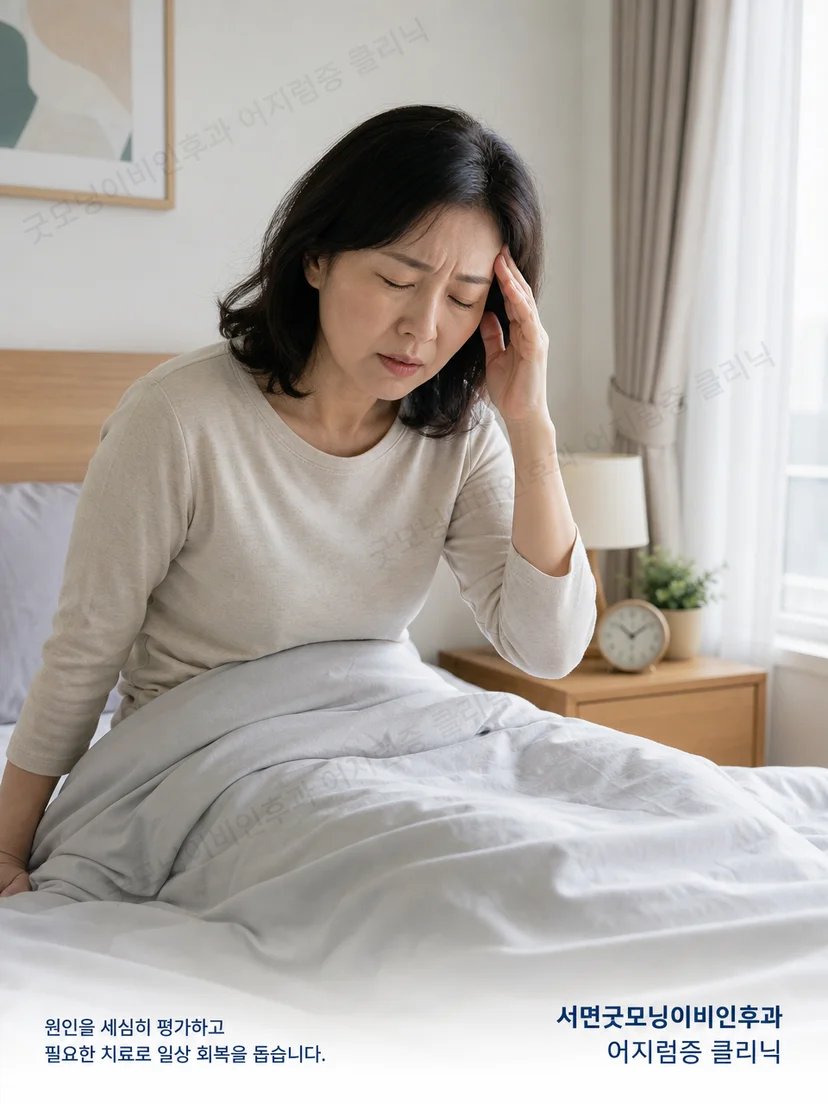 누울 때와 고개를 돌릴 때 발생하는 어지럼 상황을 설명하는 환자