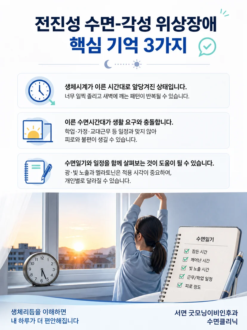 시계와 빛 및 근무표를 기록하는 전진성 수면 리듬 실천 요약