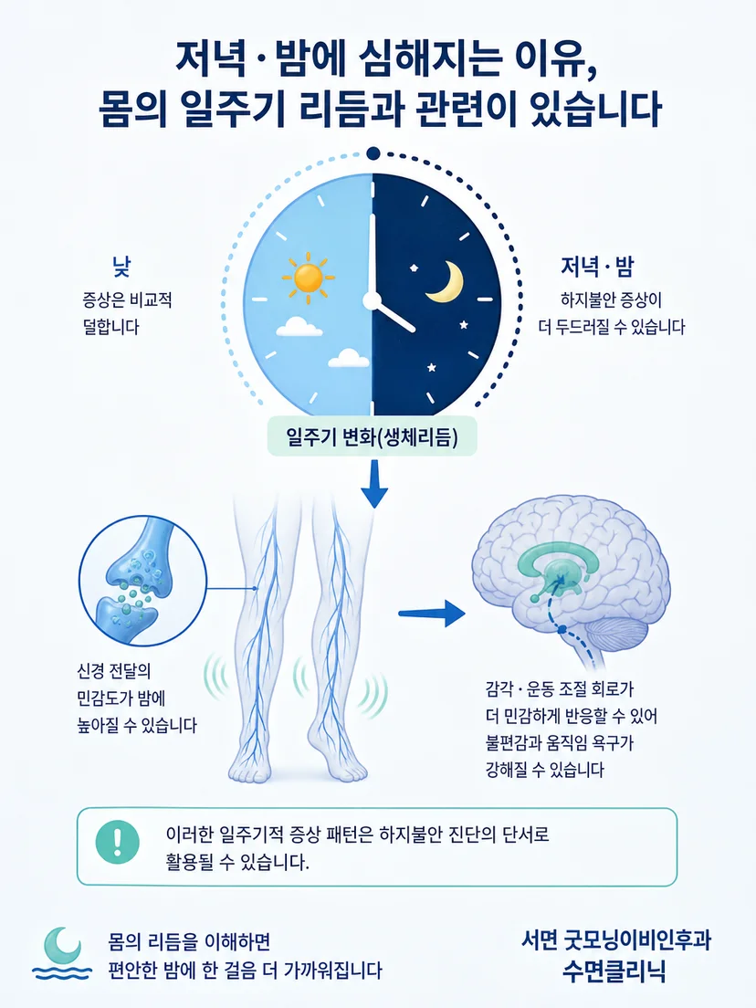 하지불안의 낮과 저녁 일주기적 증상 변화를 설명하는 그림