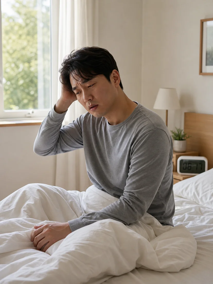 안전한 침실에서 잠에서 깬 뒤 반응이 느린 혼돈각성 상황을 보여주는 그림