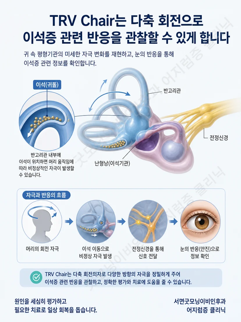다축 기계식 회전의자가 머리 위치를 바꾸어 이석 이동을 유도하는 원리 도식