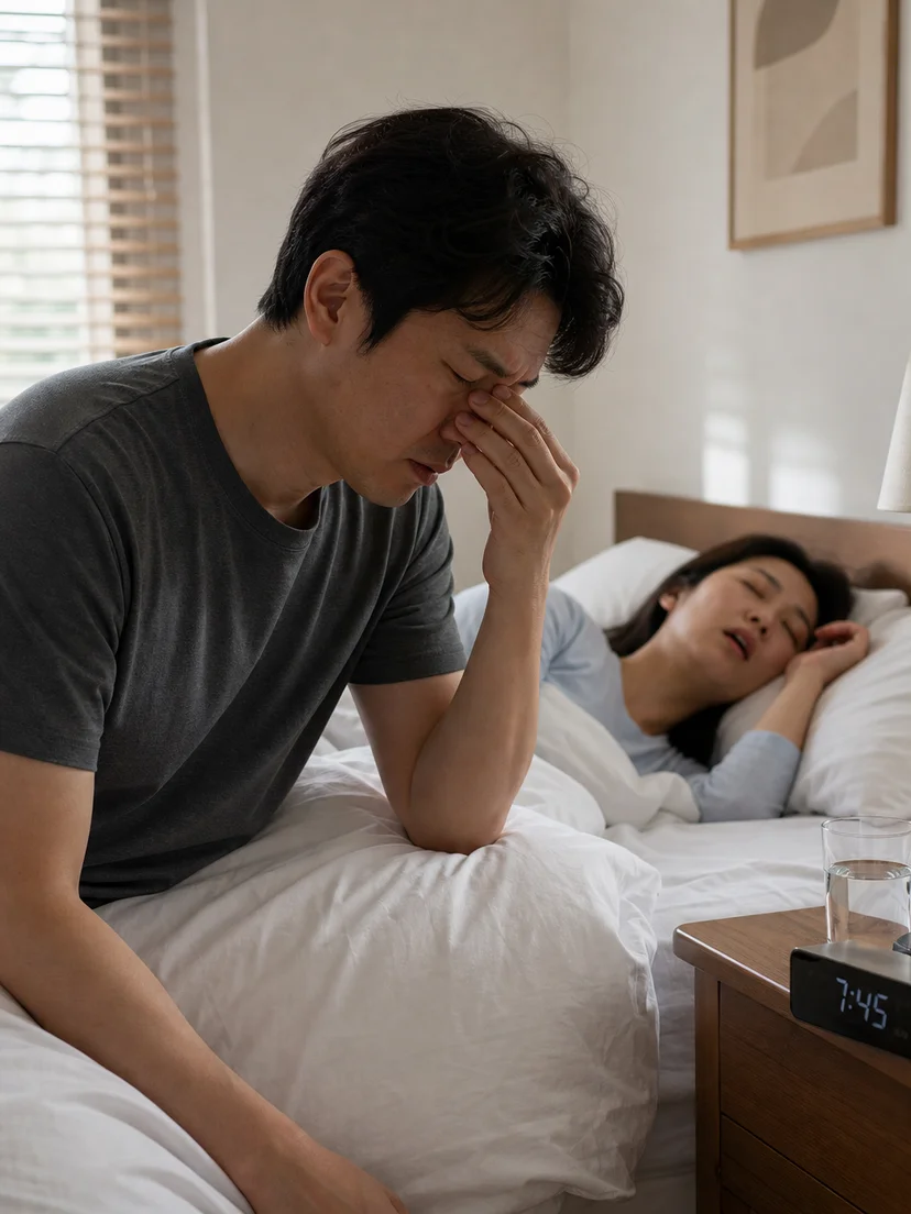 술을 마신 밤에 코골이와 호흡 변화를 관찰하는 상황