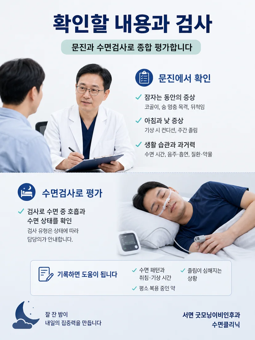 주간졸림과 야간 수면 증상을 문진하고 수면검사를 검토하는 평가 이미지