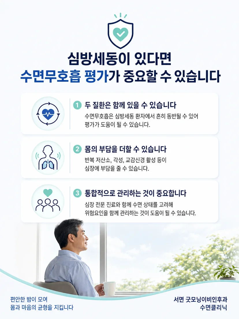 심방세동 환자가 수면무호흡 증상을 기록하고 진료 정보를 공유하는 실천 요약 이미지