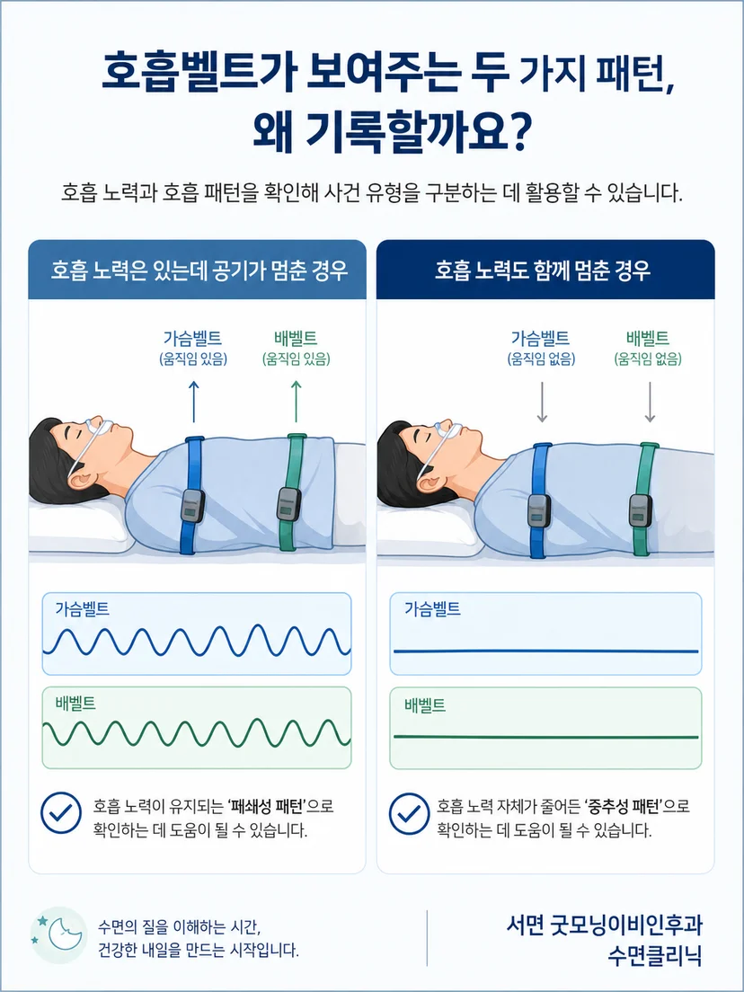호흡 신호와 가슴 배 호흡 노력을 함께 비교하는 핵심 설명 이미지