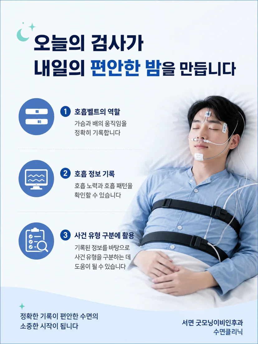 가슴과 배 호흡벨트 검사에서 기억할 핵심 내용을 정리한 이미지
