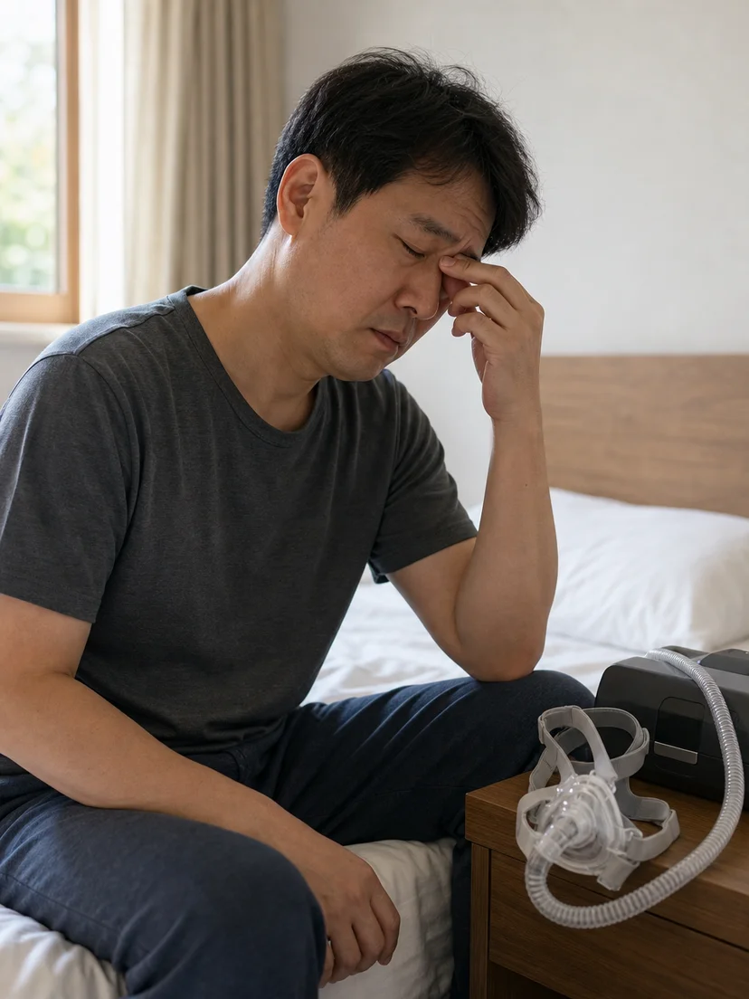양압기 마스크와 공기 연결 구조를 확인하는 환자 상황 이미지