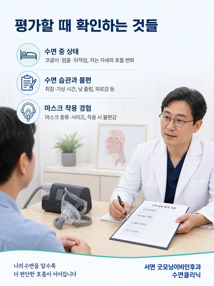수면검사와 양압기 사용 기록을 함께 평가하는 과정 이미지