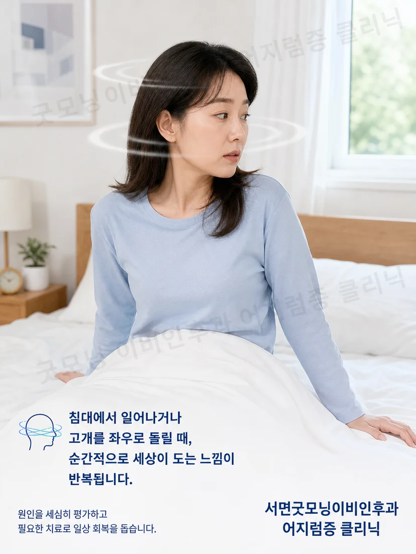 성인이 침대에서 머리 위치를 바꿀 때 어지럼을 느끼는 상황 이미지