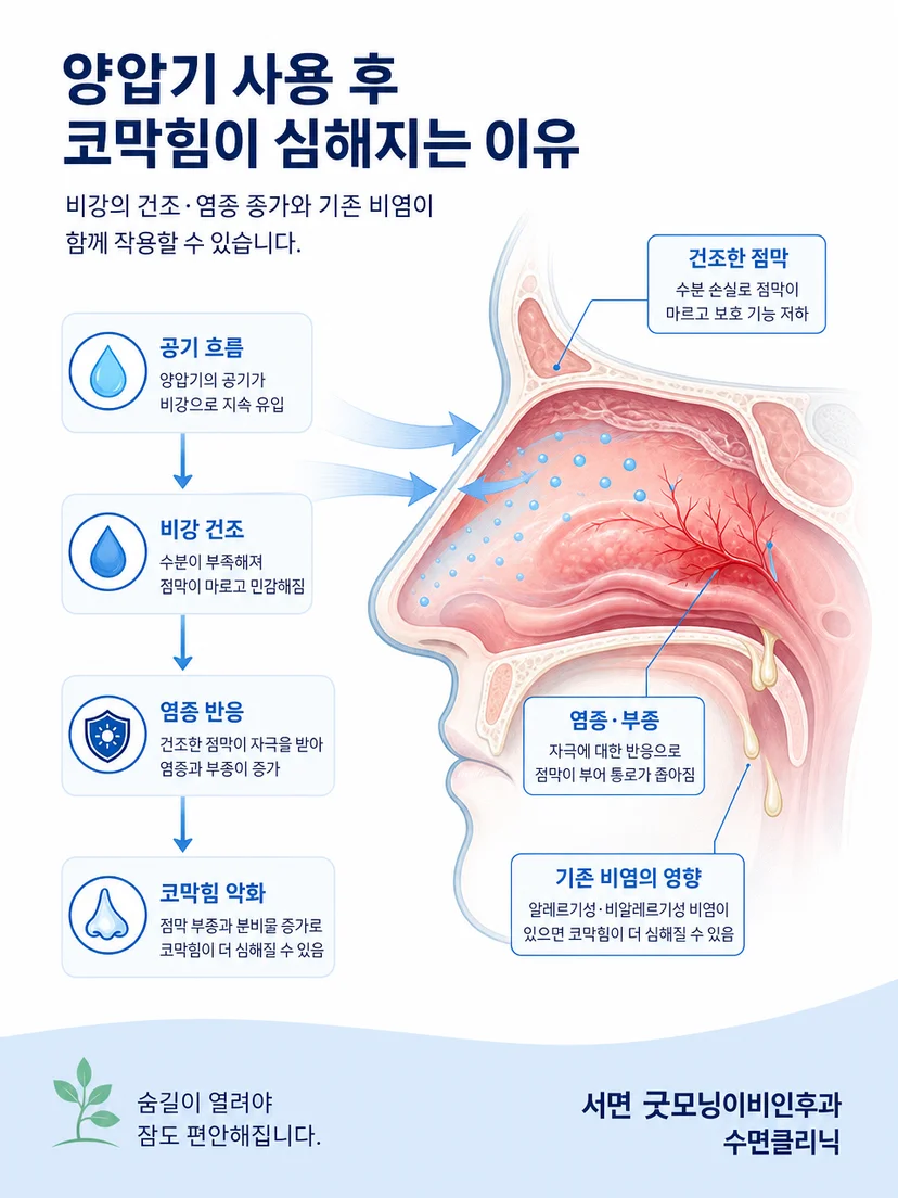 양압기 공기 흐름과 비강 건조 및 점막 반응을 설명하는 그림