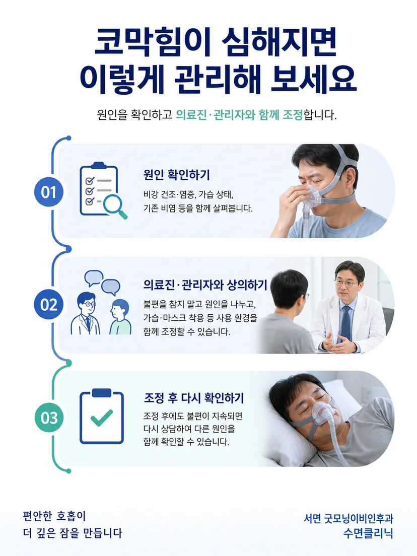 양압기 가습과 마스크 누출을 안전하게 점검하는 관리 장면