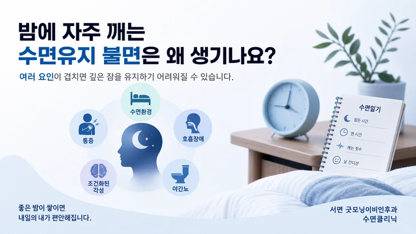 밤에 자주 깨는 수면유지 불면의 여러 원인을 설명하는 그림