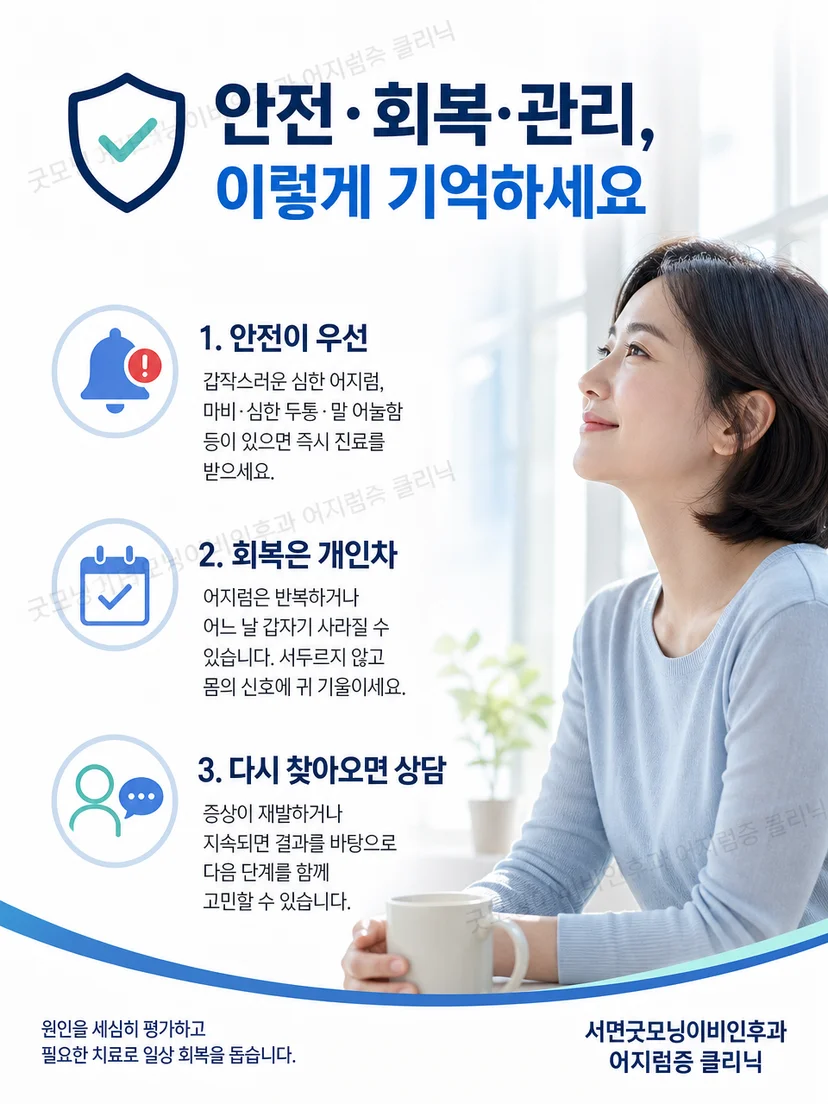 후반고리관 이석증의 검사와 치료 원칙을 정리한 생활 요약 이미지