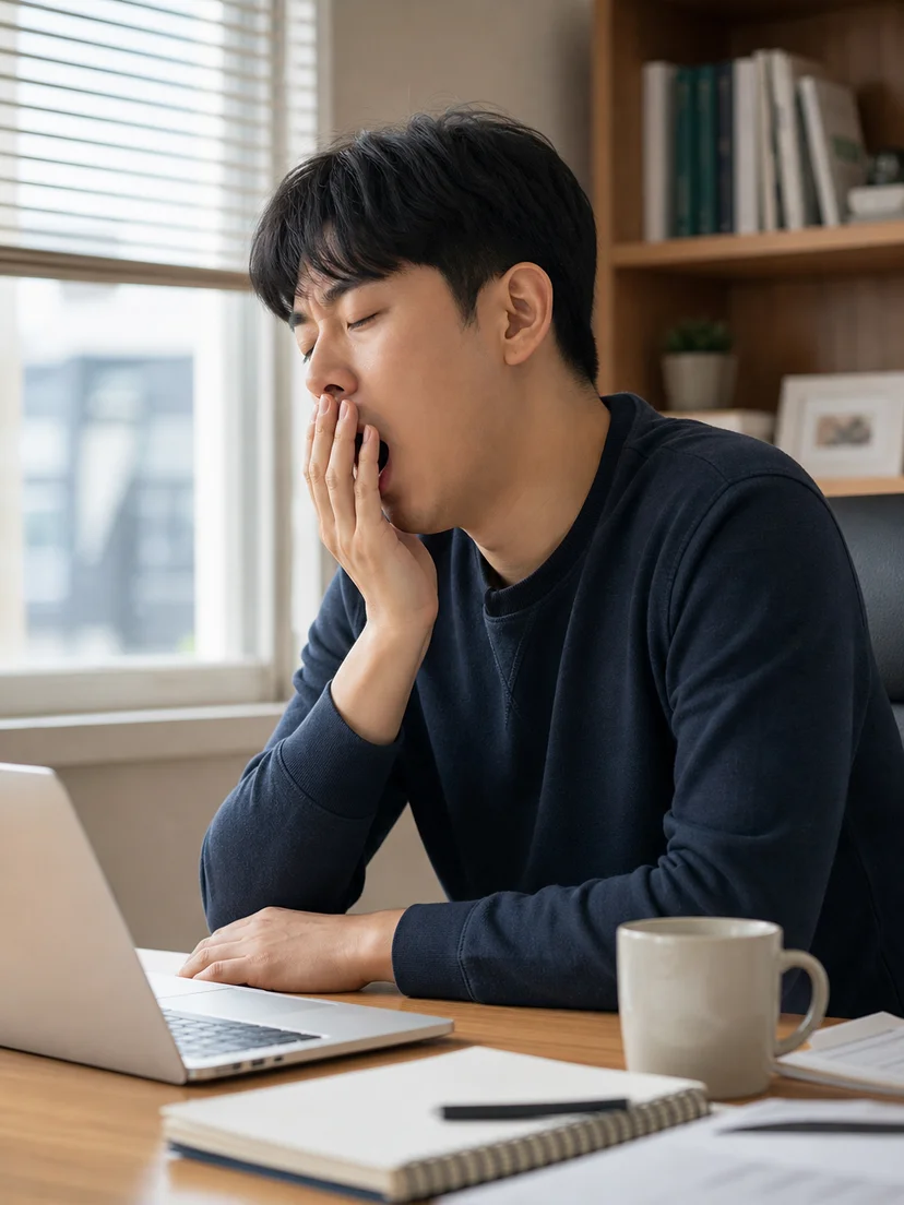 낮 시간의 반복되는 졸림이 학업과 업무에 영향을 주는 상황 이미지