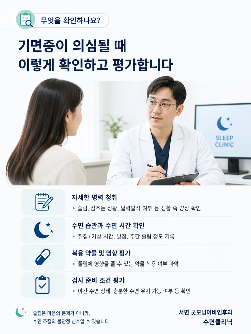 기면증 평가를 위한 야간 수면검사와 낮 검사 흐름 안내 이미지