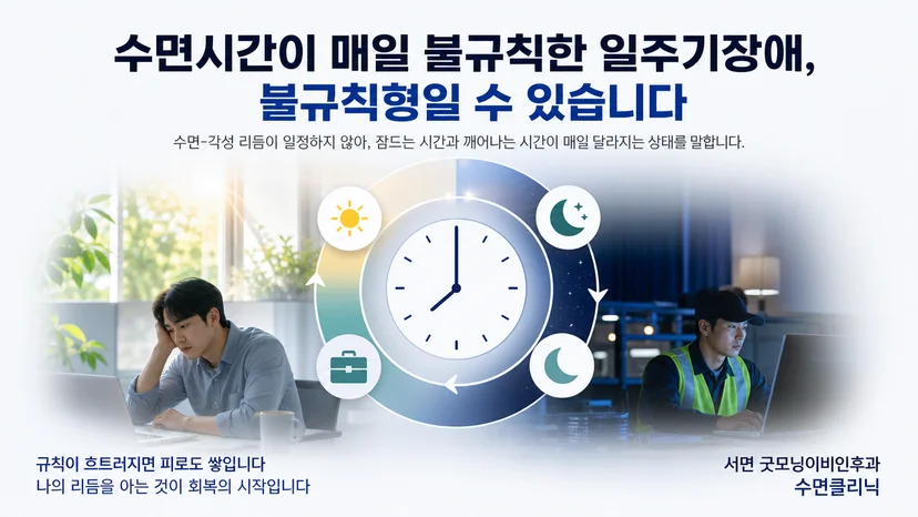 매일 달라지는 수면 시간과 불규칙한 수면 각성 리듬을 보여주는 안내 이미지
