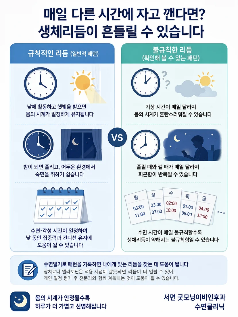 불규칙한 수면 리듬에서 확인할 취침과 기상, 낮잠 기록 항목 안내 이미지