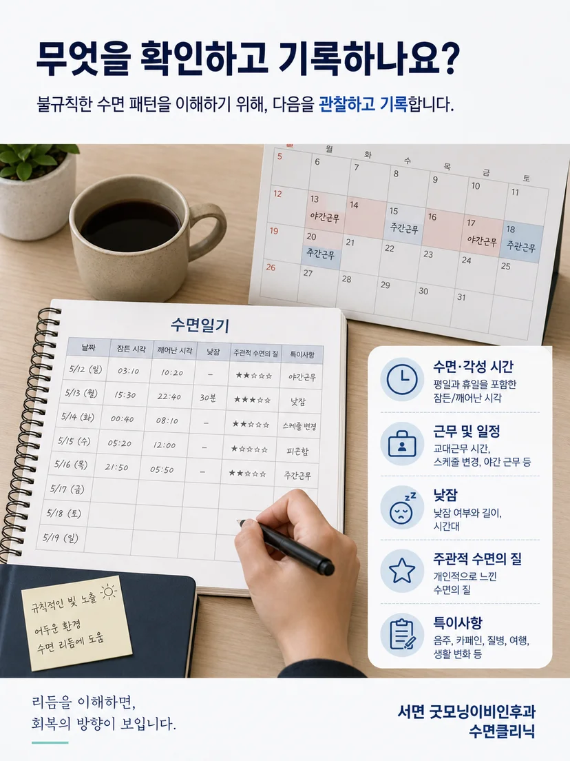 수면일기와 근무 일정, 빛 노출 시간을 함께 검토하는 평가 과정 이미지