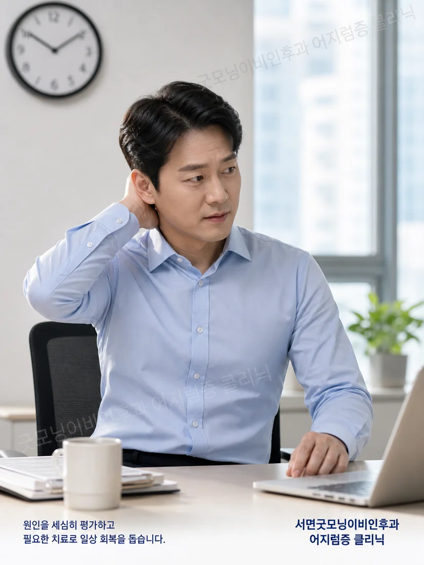 치료 후 출근 준비 중 자세 변화에 따른 어지럼을 확인하는 상황