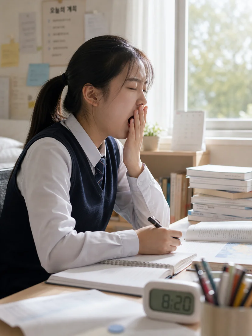 학업과 디지털 기기 사용으로 취침이 늦어질 수 있는 청소년 생활 장면