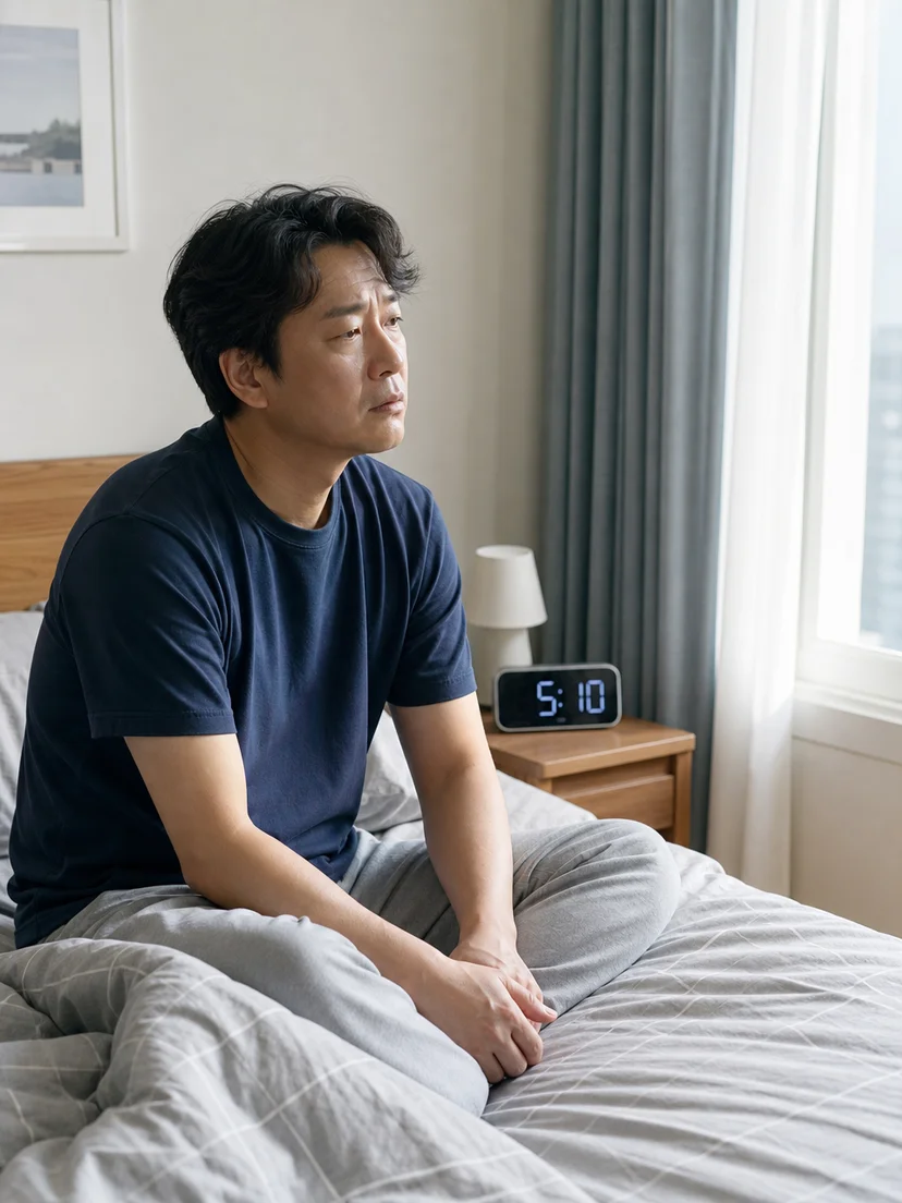 새벽에 깬 뒤 다시 잠들지 못하는 상황을 점검하는 모습