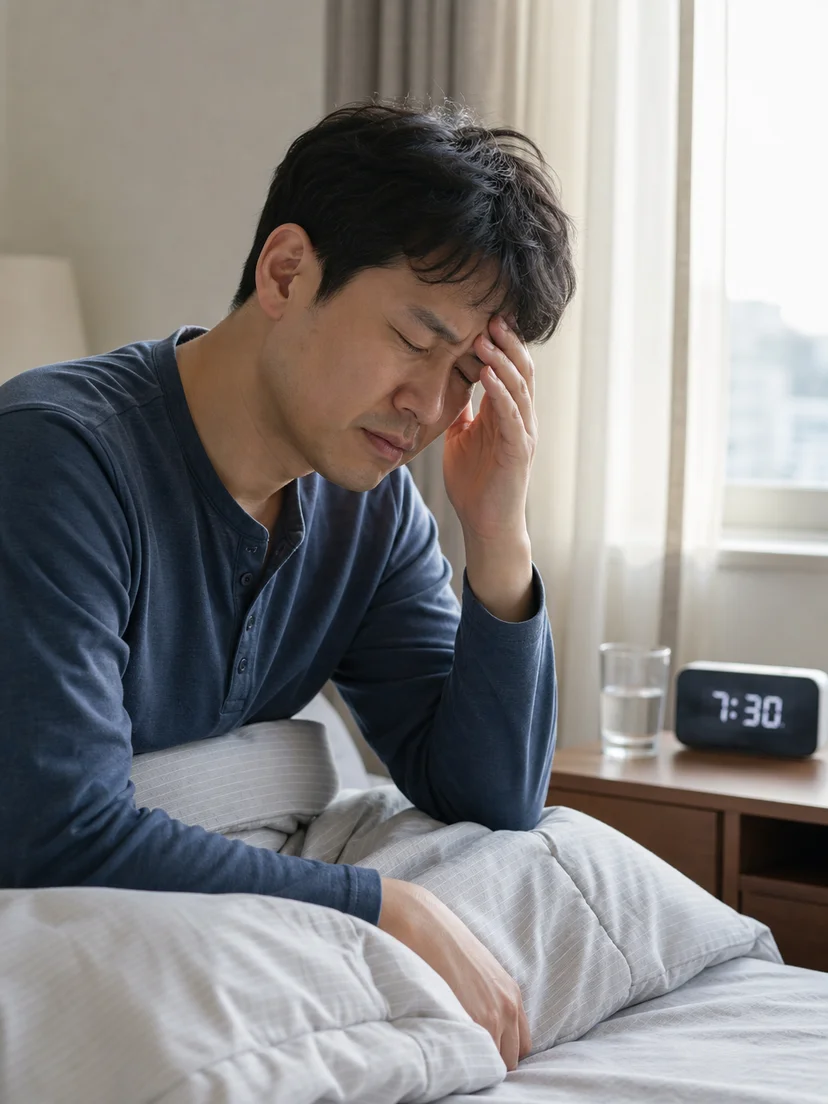 기상 직후 두통과 야간 호흡 신호를 함께 살피는 환자 상황