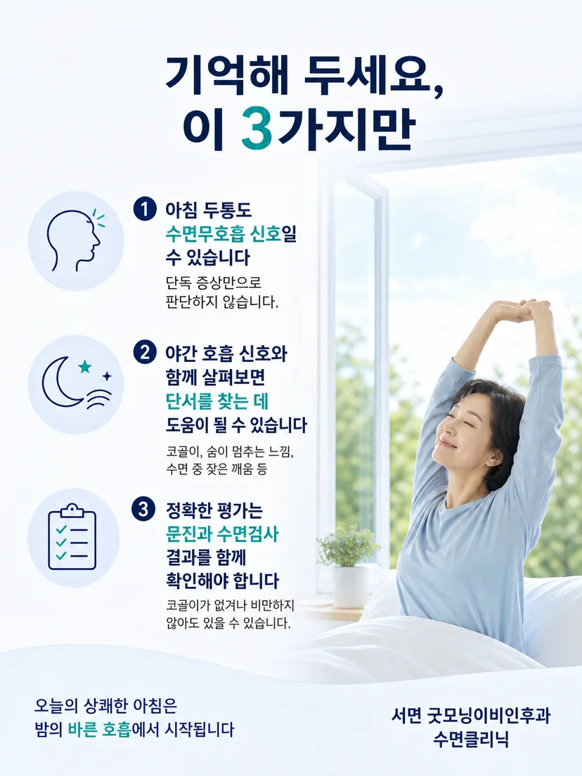 아침 두통과 수면 증상을 기록하는 실천 요약 이미지