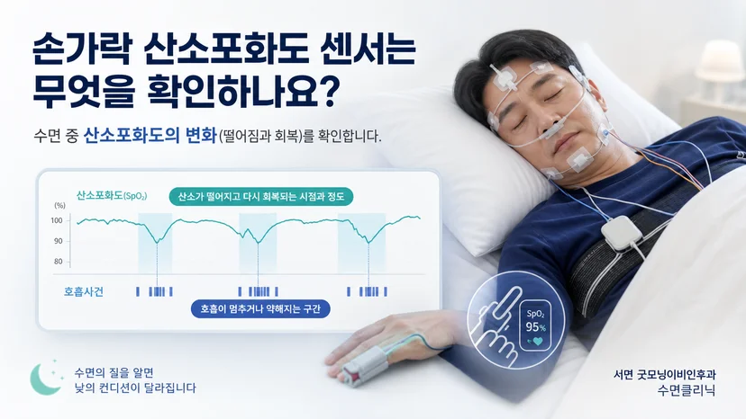 수면 중 손가락 산소포화도 센서가 확인하는 내용을 설명하는 이미지