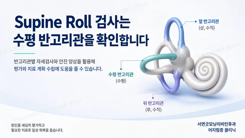 누운 자세에서 머리를 좌우로 돌리며 수평반고리관 반응을 확인하는 검사 설명