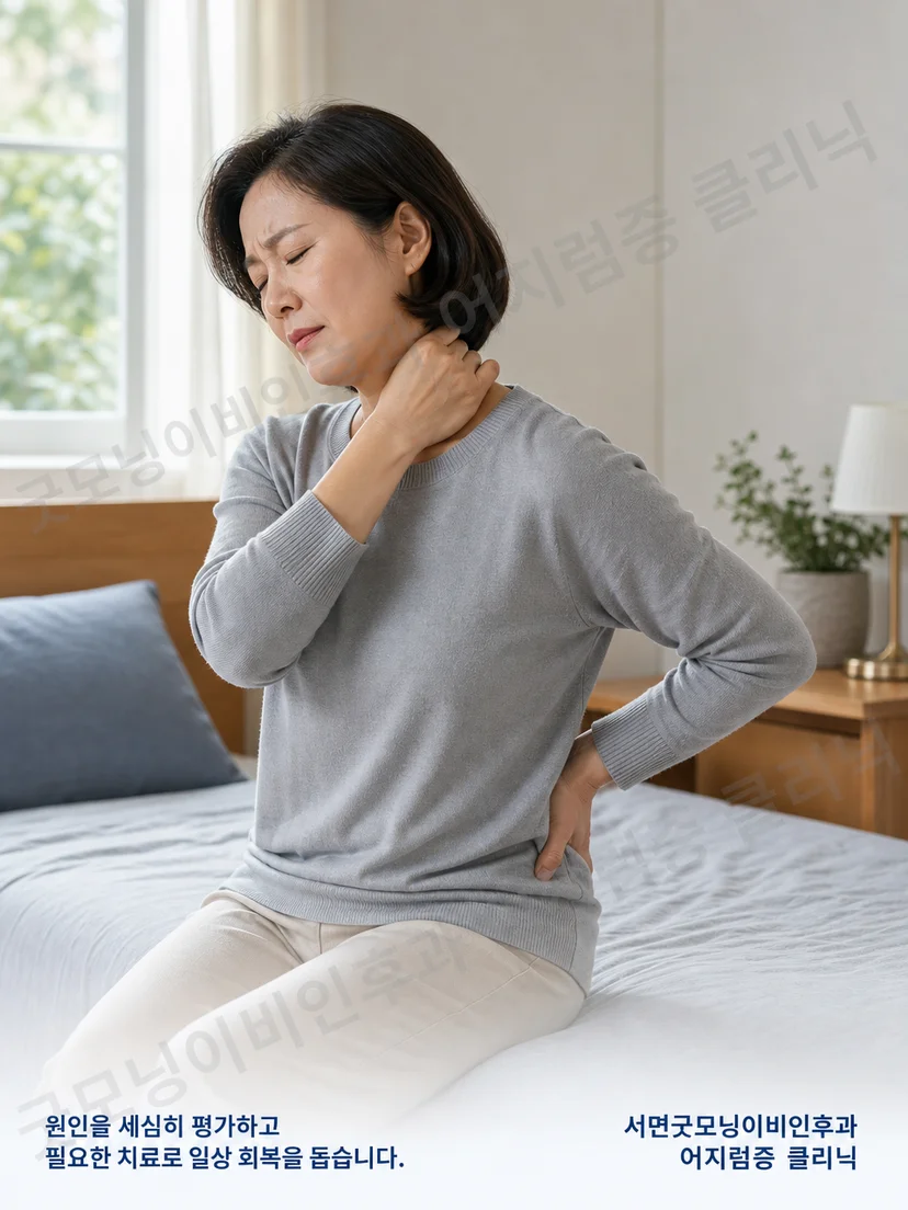 목과 허리 불편감을 의료진에게 설명하는 환자 상황