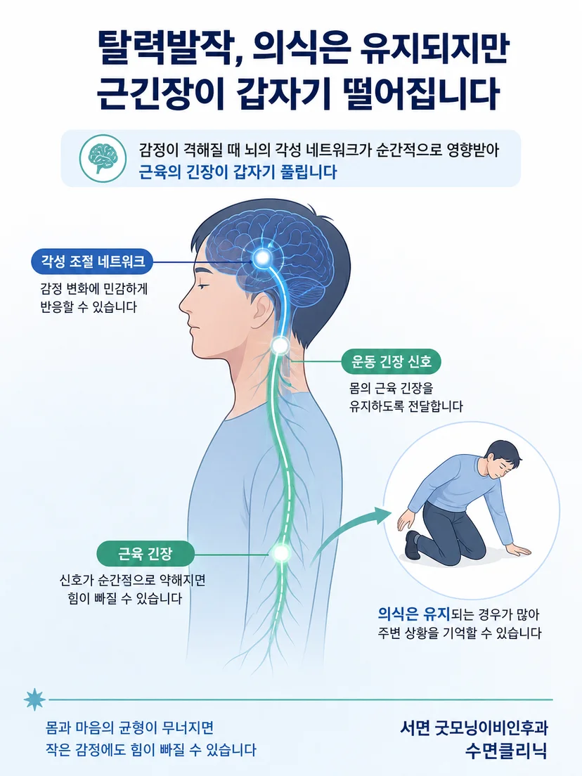 의식은 유지되지만 자세를 지탱하는 근긴장이 감소하는 원리
