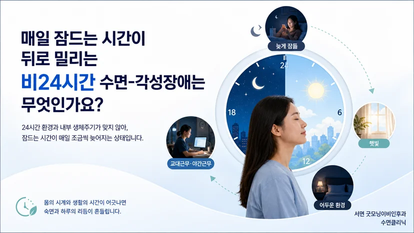 24시간 시계와 어긋나며 수면 시간이 뒤로 이동하는 생체리듬 설명