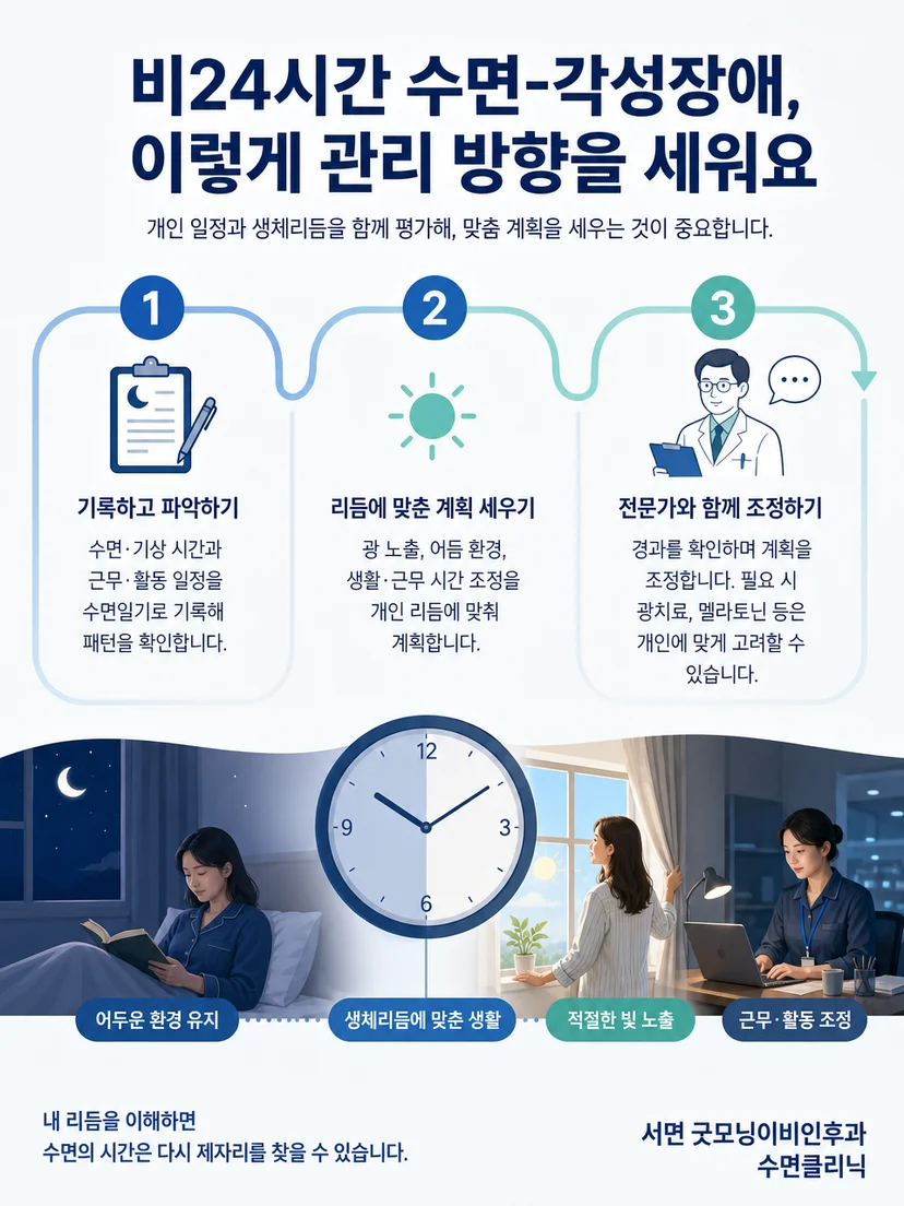 햇빛 노출과 어두운 환경의 시간을 개인 일정에 맞춰 조정하는 관리