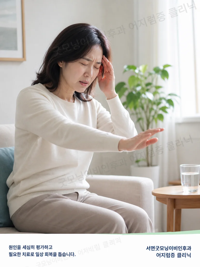 메니에르병 발작 중 회전감과 균형 불안을 겪는 환자 상황