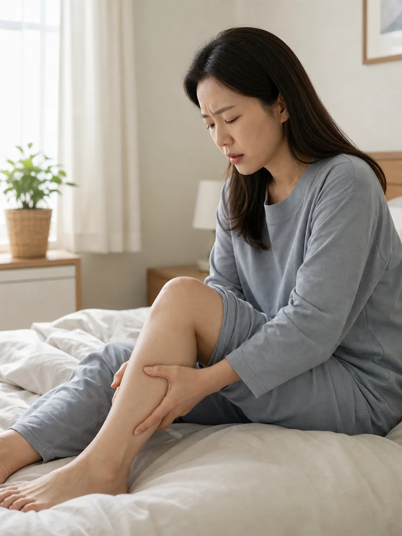 밤에 다리 불편감 때문에 쉬기 어려운 환자 상황을 보여주는 이미지