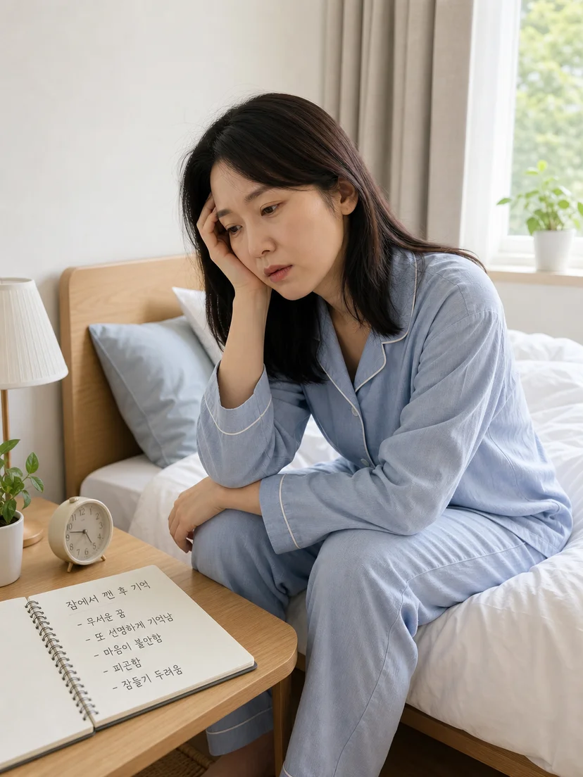 악몽 뒤 꿈 기억과 정서적 불편을 확인하는 환자 상황 이미지