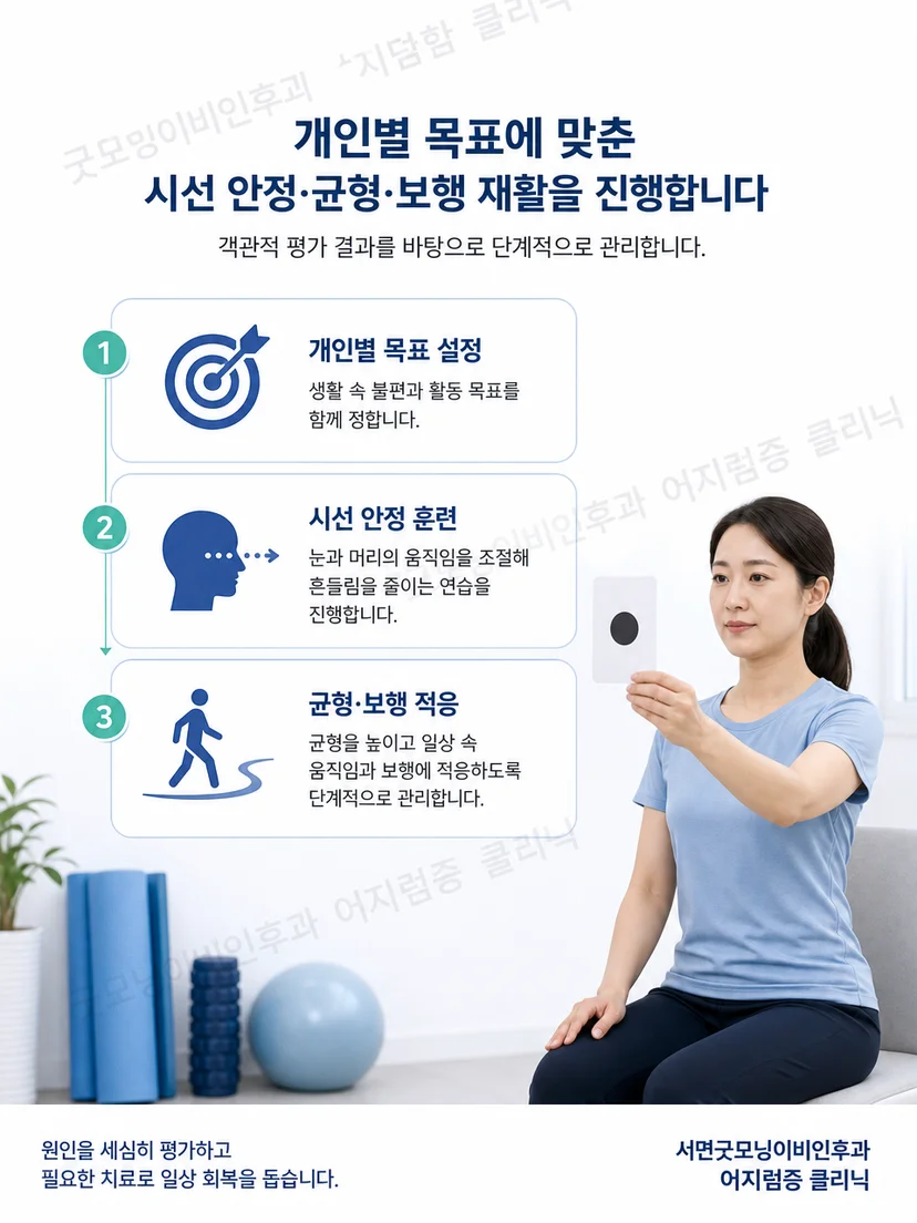 고정된 표적을 보며 시선 안정 운동을 수행하는 전정재활 그림