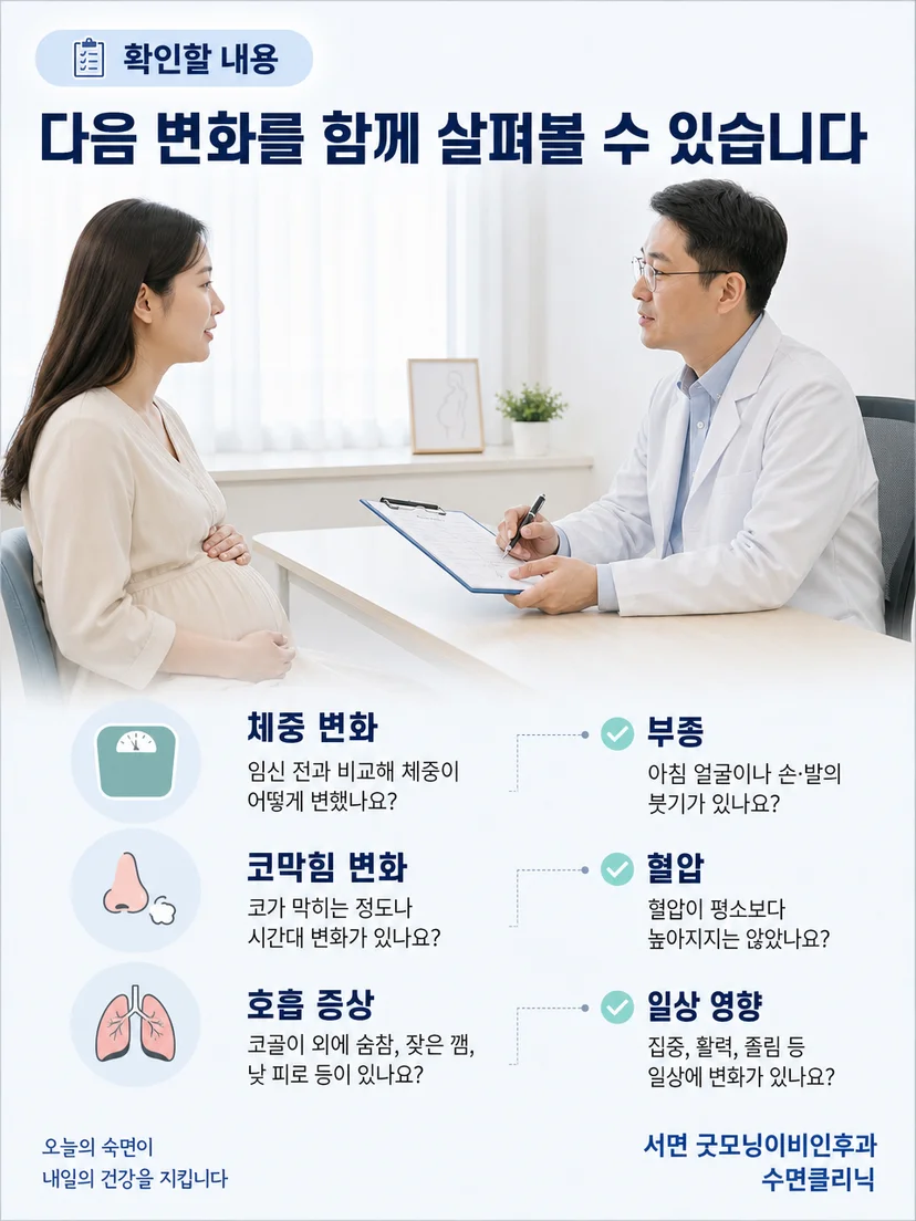 임산부의 증상 문진과 수면 호흡 평가 과정을 설명하는 이미지