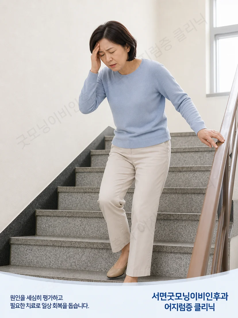 계단에서 고개와 몸을 움직일 때 나타날 수 있는 위치성 어지럼 상황